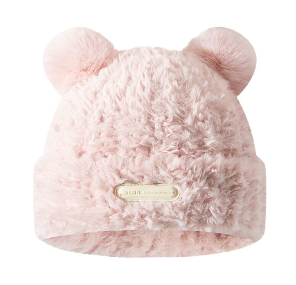 9630 Y2K Beanie Hat Cute Fuzzy Bear Ear Beanie Hat Furry Slouchy Faux Fur